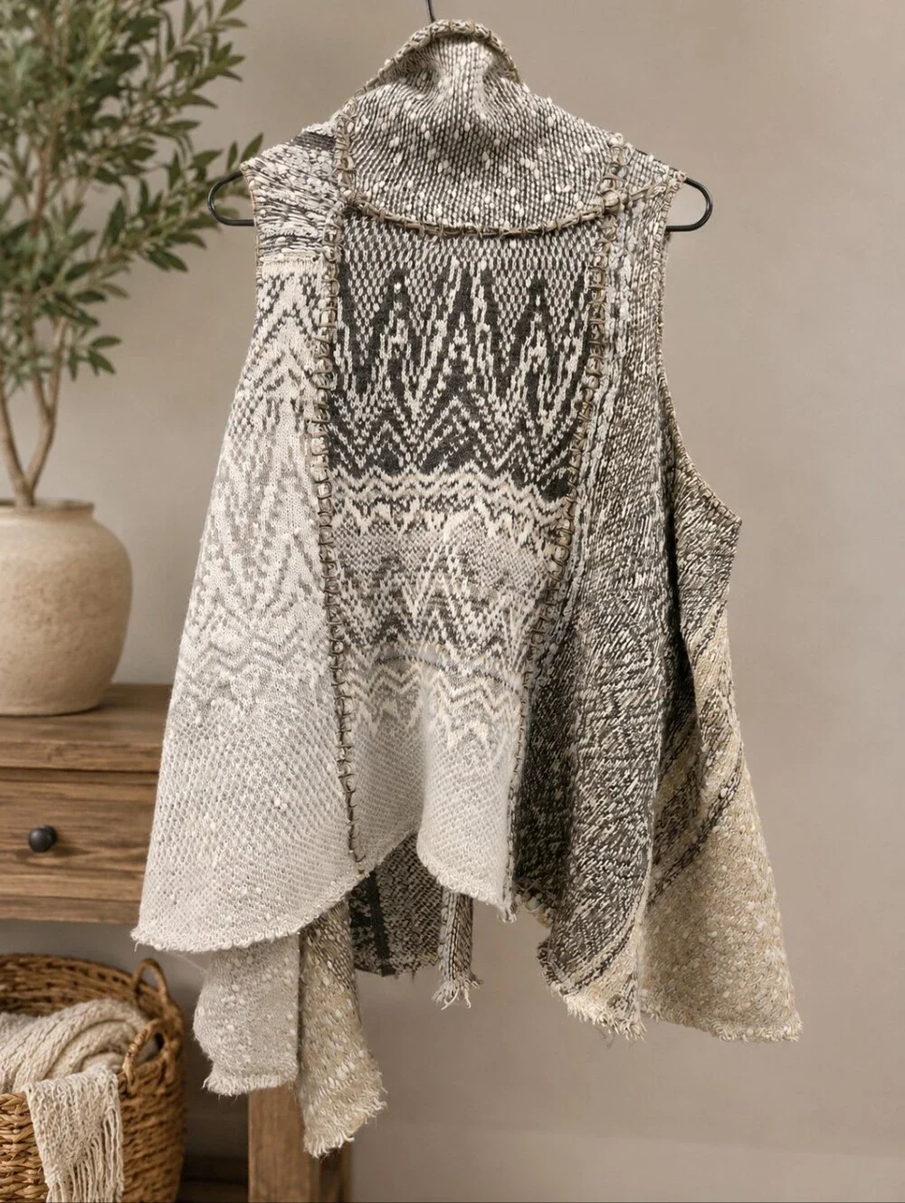 Free People Boho Textured Knit Sweater Vest Raw Edge Hook Front Oversized XS/S